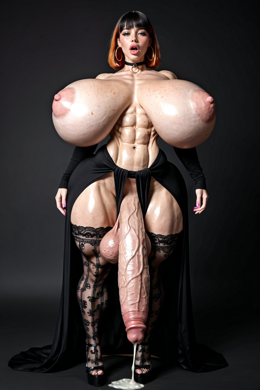 Tight Attenuated Waist, Normal Size Cock, Absurdly Oversized Veiny Futanari Cock Shemale AI Porn