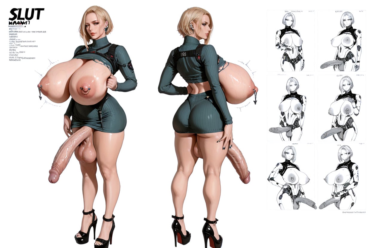 Anime Character Design Sheet, Nipple Piercing, Large Ass Shemale AI Porn