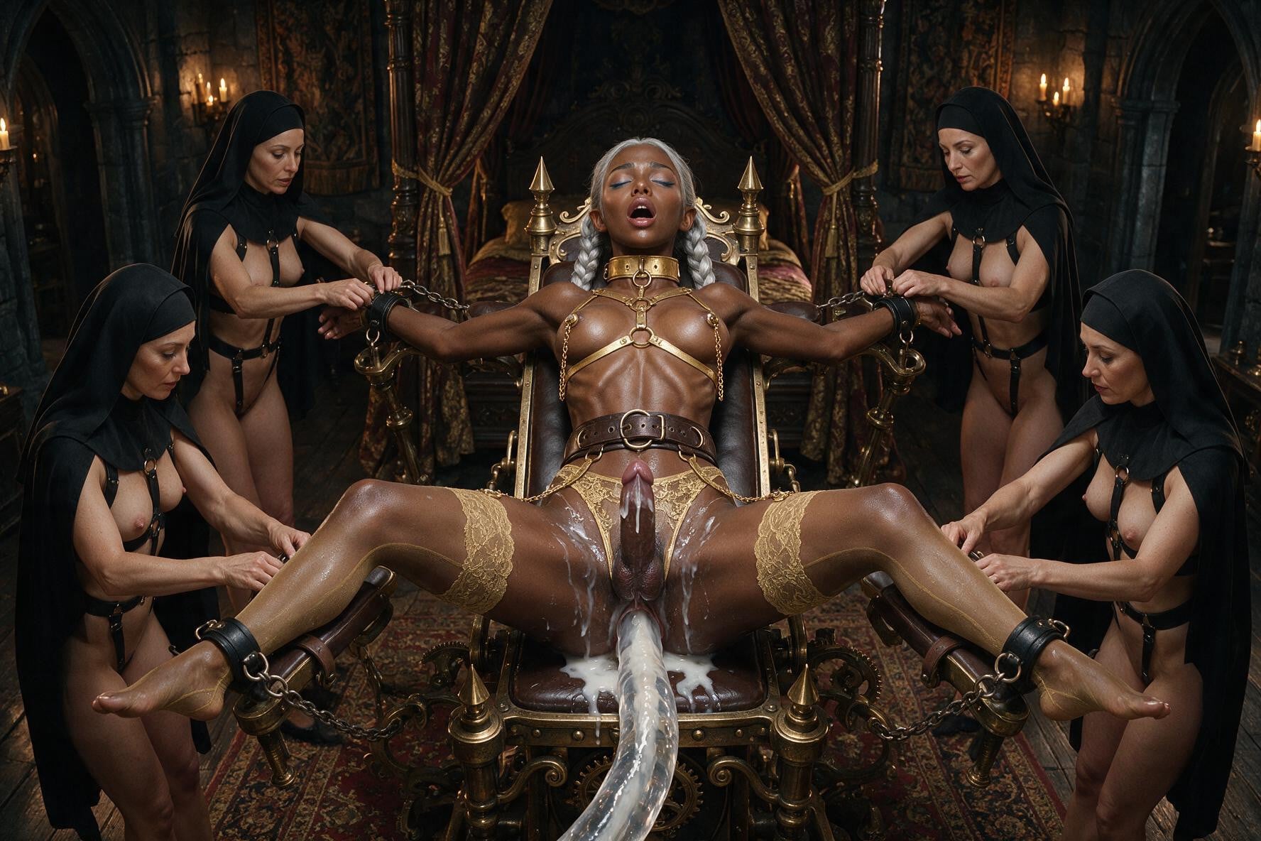 Luxury Lace Golden Thigh High Hylons Golden Leather Breast Harness Golden Inch Wide Stiff Leather Neckholder With Rings, Highest Details, Gaunt Waist Porno shemale IA