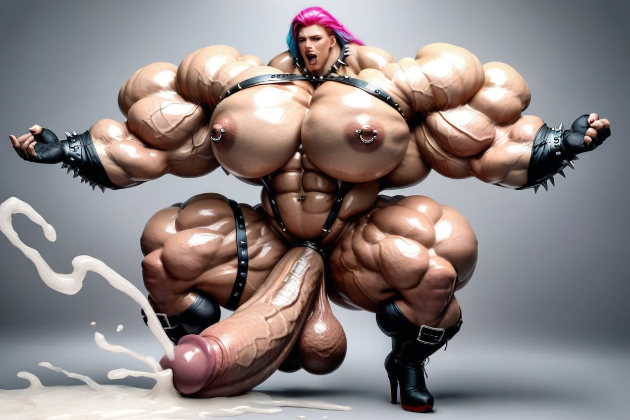 Over Exaggerated Muscle Mass, Simple Grey Background, Jeweled Pierced Nipples Shemale AI Porn