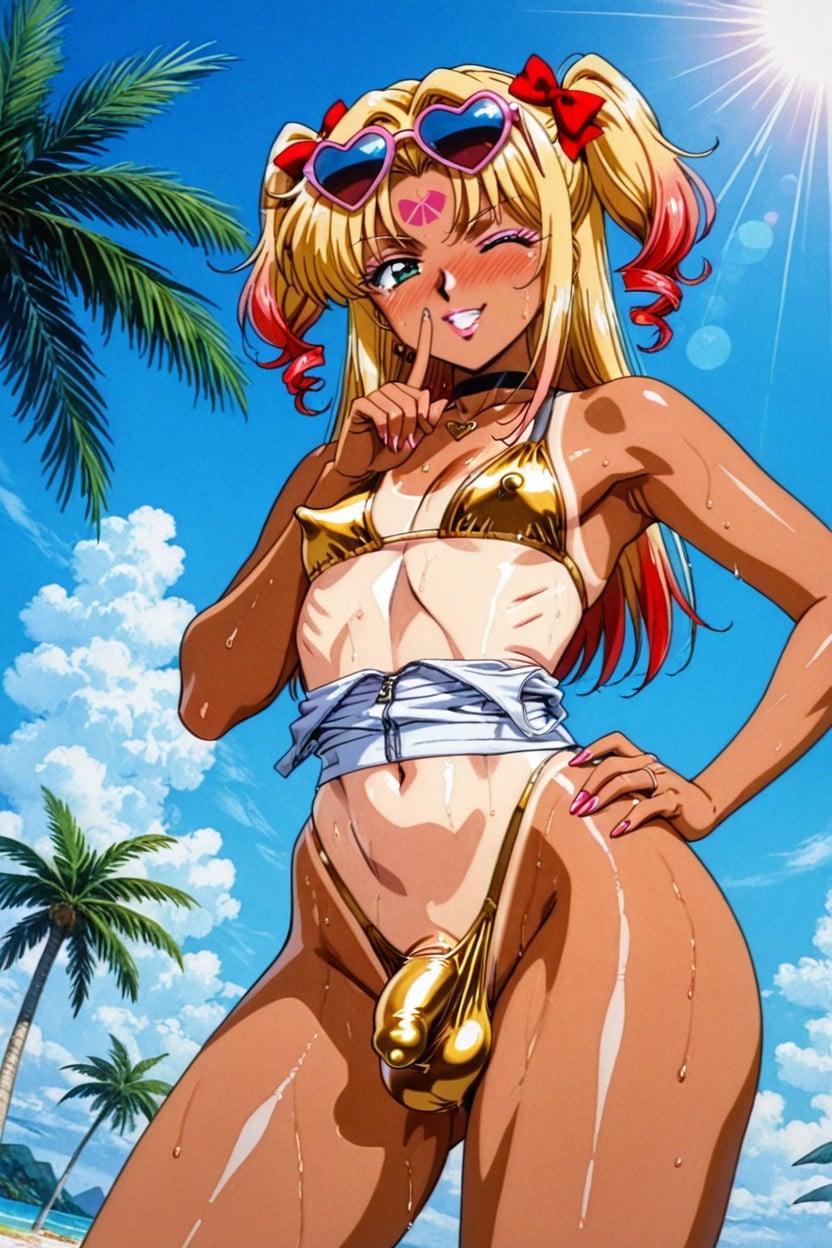 Shushing Pose, Palm Trees Background, Dynamic Dutch Angle From Below Shemale AI Porn
