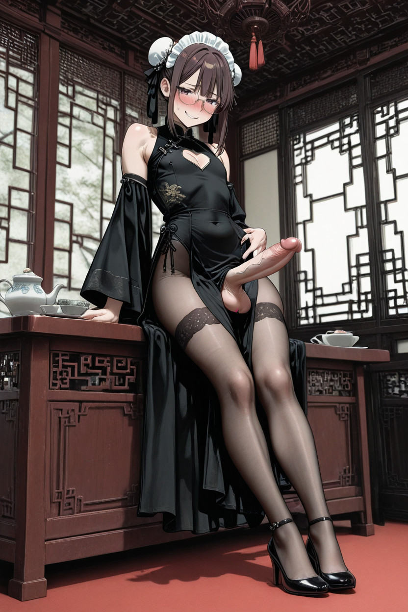 Slight In Stature, High Neck, White Frills Maid Headdress Shemale AI Porn