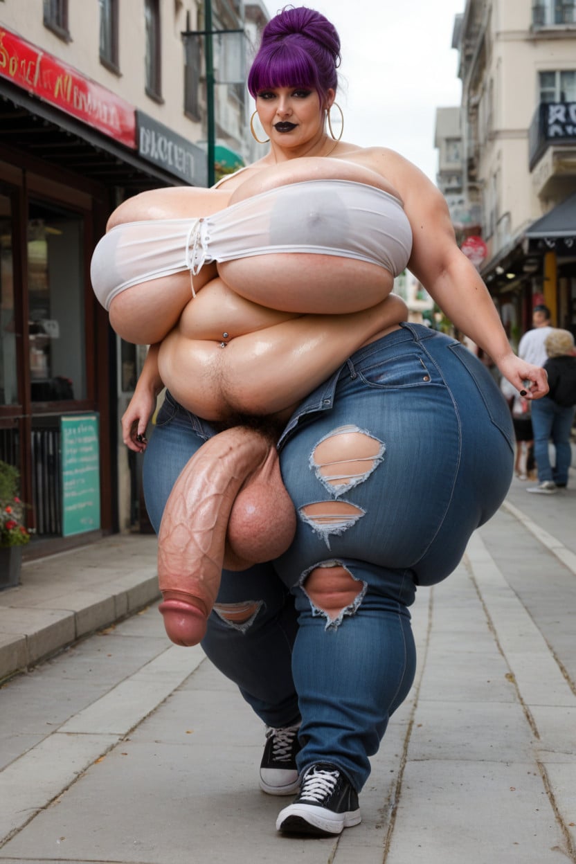 Sweaty, Massive Round Boobs, Hair Bun Shemale AI Porn