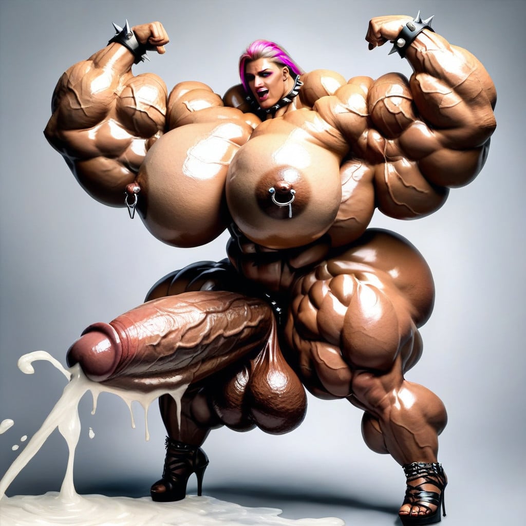 Perky Boobs, Jeweled Pierced Nipples, Broad Shoulders Shemale AI Porn