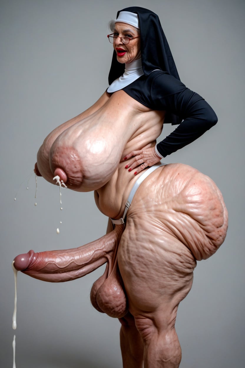 Hyper Veiny Breasts, Hyper Saggy Balls, Wrinkles On Thighs Shemale AI Porn