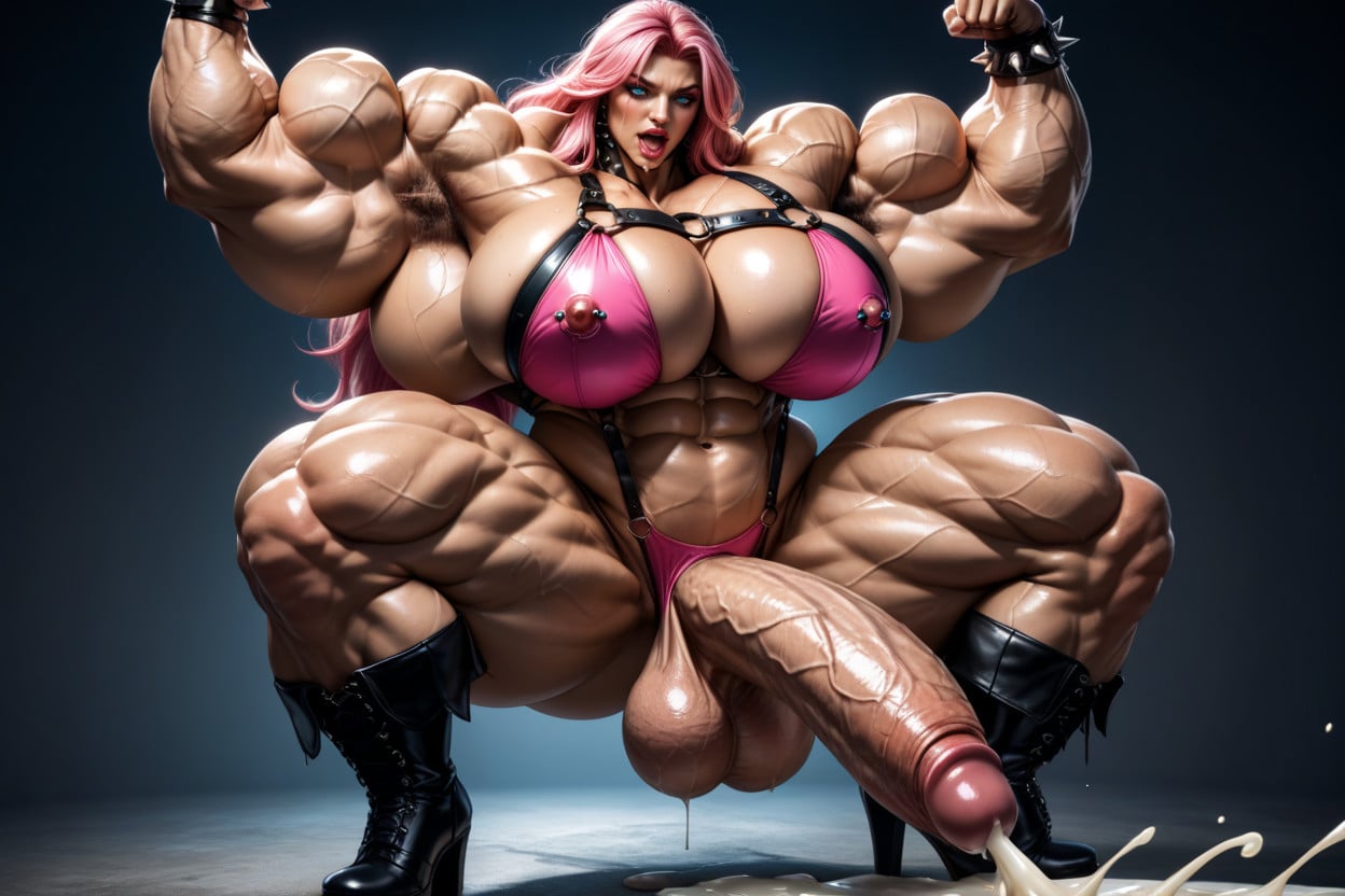 Gigantic Massive Body With Unproportional Head, Hyper Veiny Claves, Pink Hair Color With Cyan Highlights Shemale AI Porn