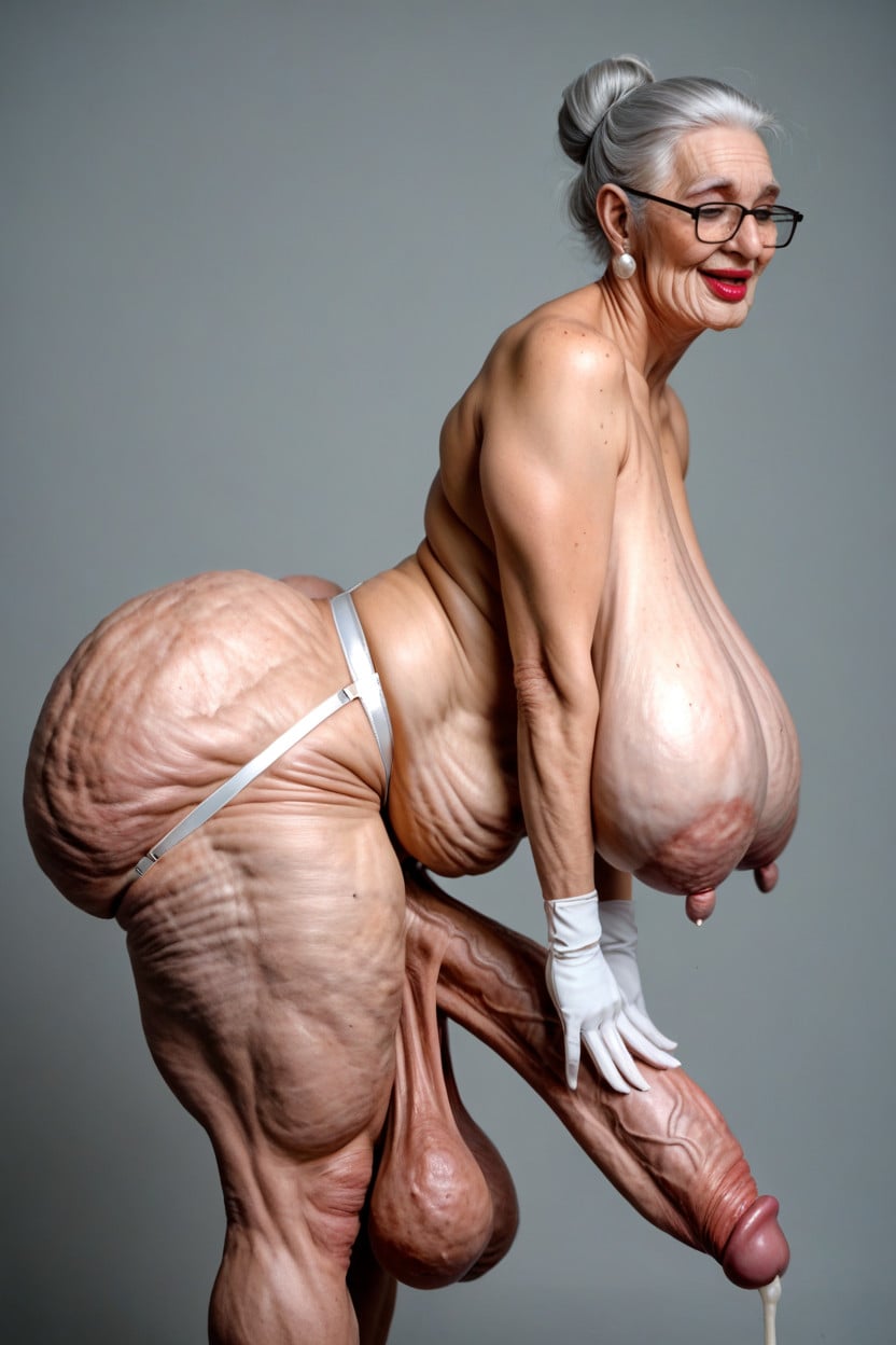 Parted Breasts, Swollen Pink Cock, White Latex Gloves Shemale AI Porn