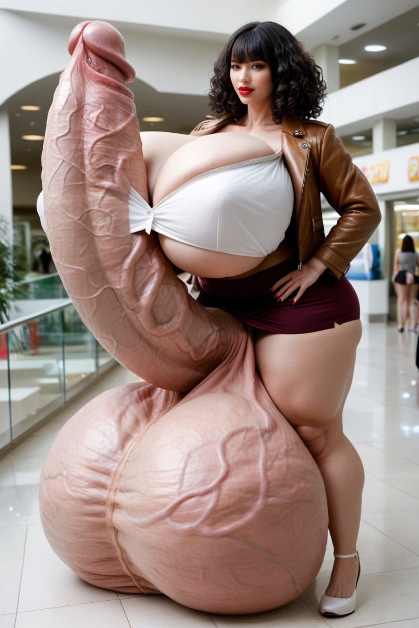 Breasts Expansion, Standing, Gigantic Firm Round Testicles Shemale AI Porn