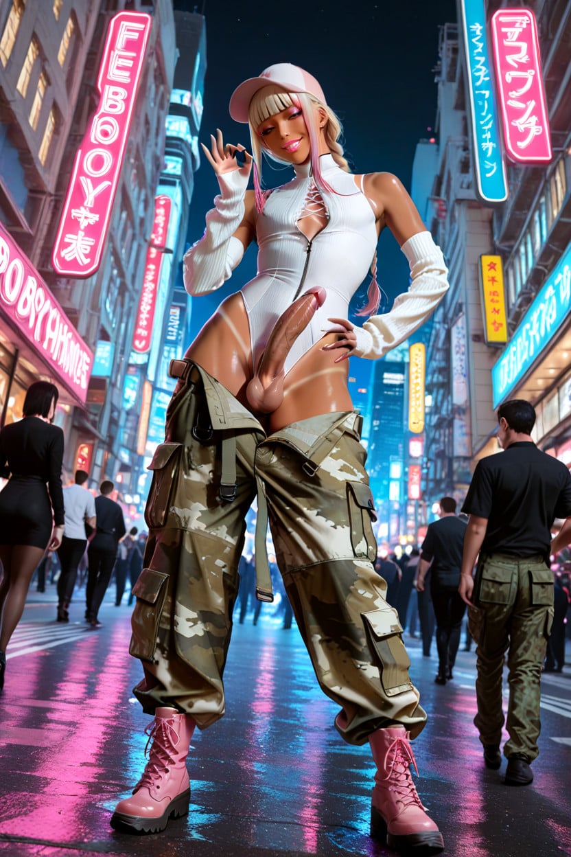 Separate Legs, Contrapposto Standing, Layered White Cropped T-shirt Shemale AI Porn
