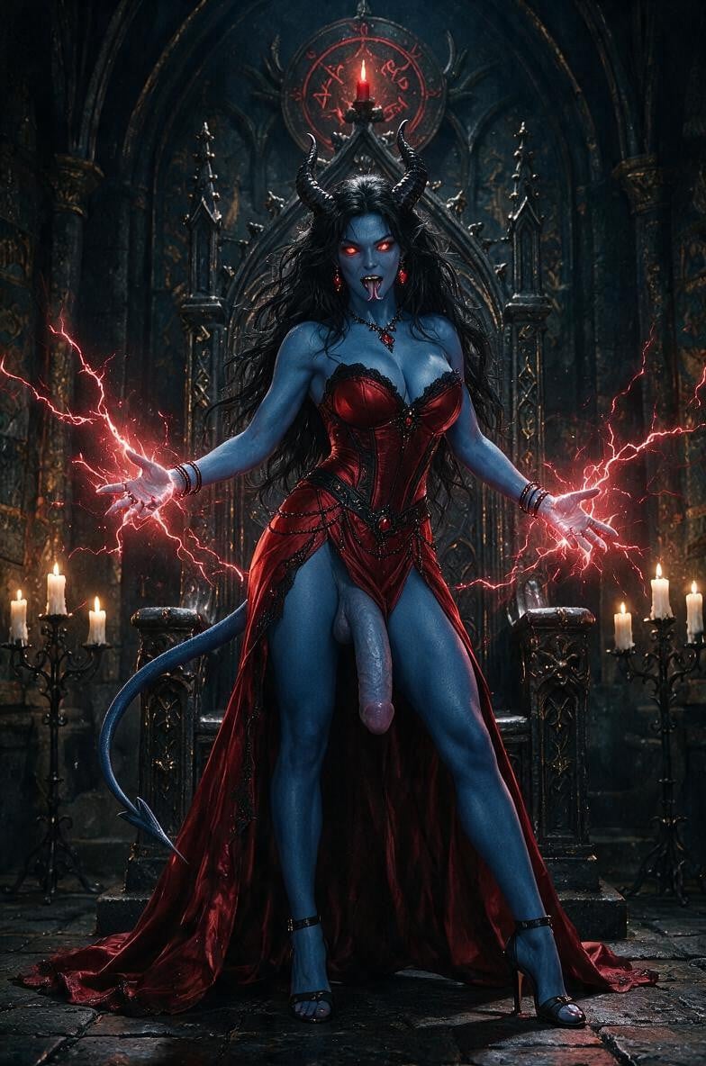 Same Red Corset Gown, The Front Center Panel Of Her Gown Is Open And Pulled To The Sides, Black Horns Shemale AI Porn
