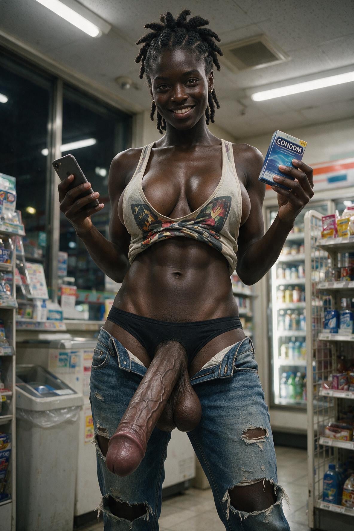 African, Torn Jeans, Very Long Cock Shemale AI Porn