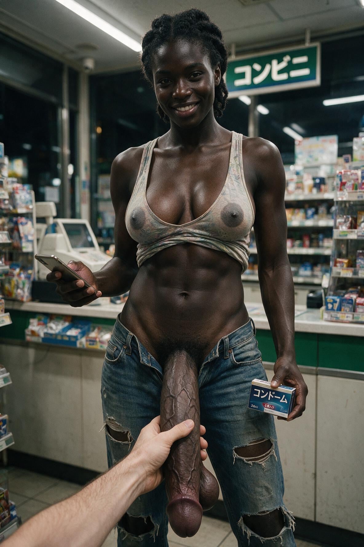 Huge Penis, Very Dark Black Skin, Her Underwear Is Showing Shemale AI Porn