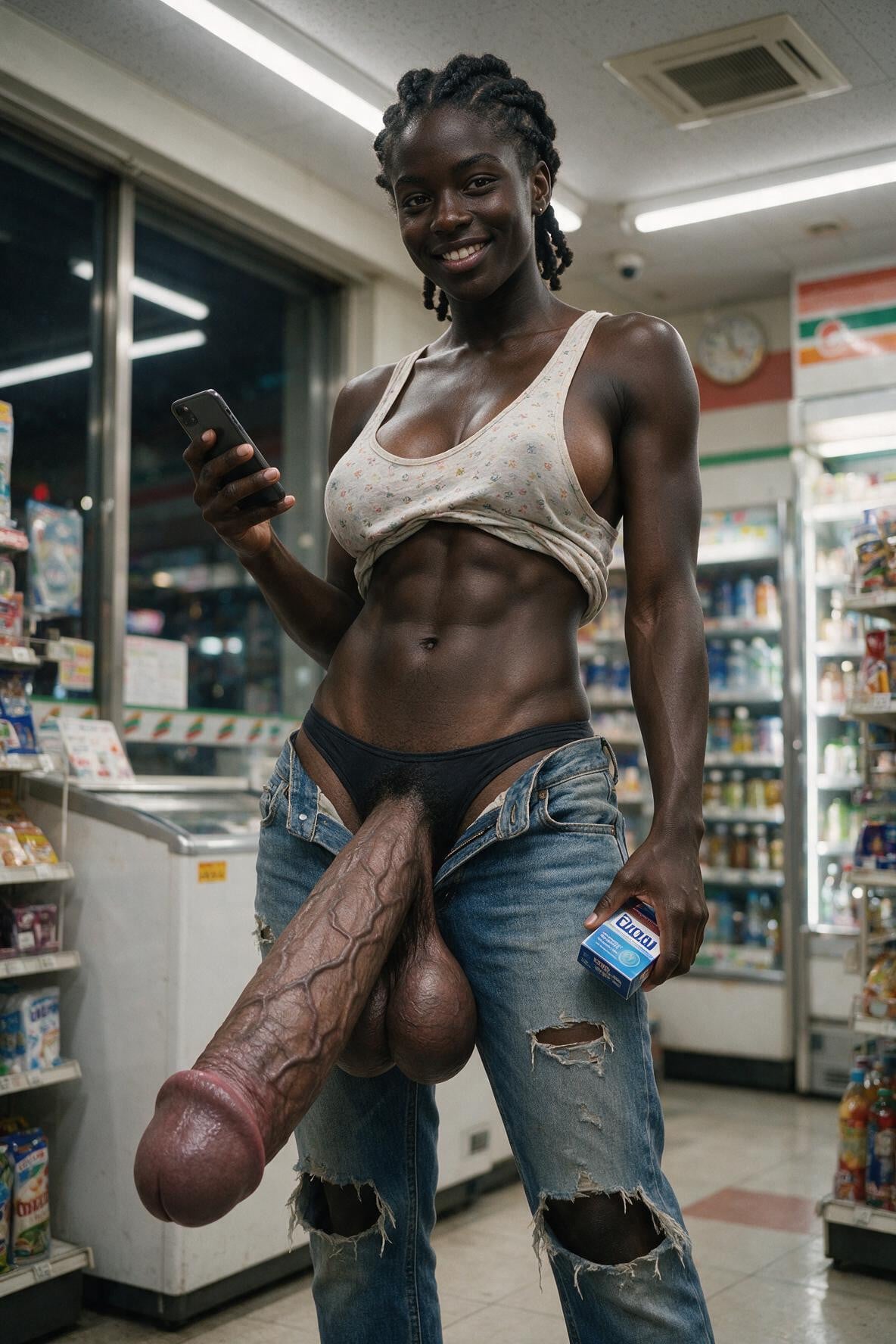 Photoreal, Smiling, Very Large Penis Head Shemale AI Porn