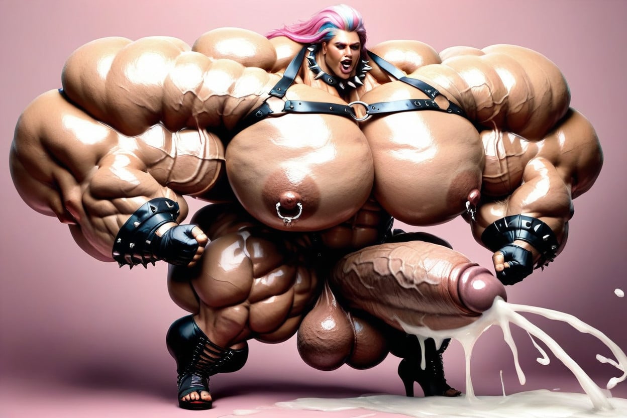 Hair With Multicolored Highlights, Pink Hair Color With Cyan Highlights, Very Wide Torso Shemale AI Porn